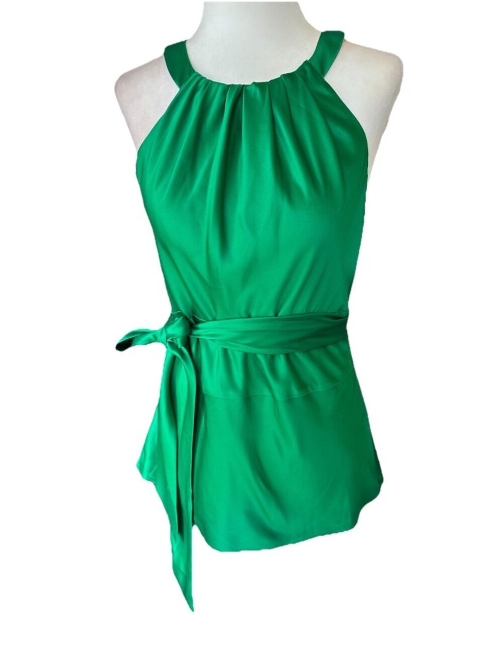 Ann Taylor Petite 8 Women's Emerald Green Sleeveless High Collar Blouse Stunning